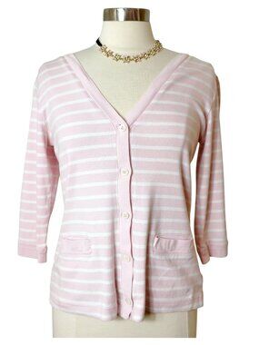 Vtg Bogner Womens 10 Button-Up Cardigan Sweater Pink White 3/4 Slv Patch Pockets
